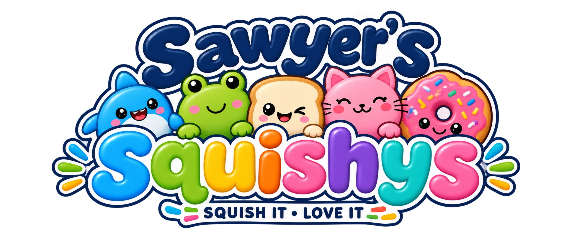 Sawyer's Squishys logo — navy and rainbow bubble letters with a whale, frog, toast, cat and donut